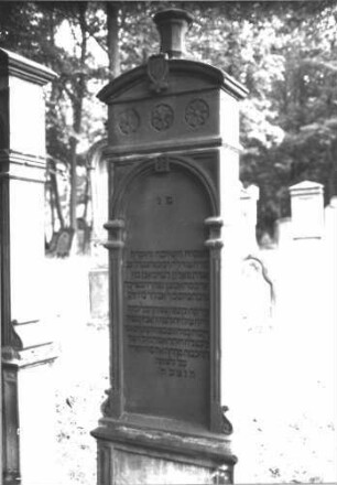 Grabstein 206 (Index: 99609842) Material: Sandstein Zustand: gut, Schrift mit schwarzer Farbe nachgezogen Beschreibung: Stele, Segmentbogenabschluß mit Verdachung und Urnenaufsatz, Schriftfeld eingetieft mit Rundbogenabschluß, Sockel Symbolik: Urne, Rosetten: Grabstein 206 (Nachholaufnahme 2)