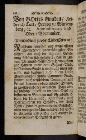 866-876, Brief Friderich Carls, Herzogs zu Würtemberg, mit Ordnung.