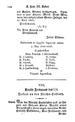 VIII. Kayser Ferdinand des III. Dekret an den Reichs-Hofrath.
