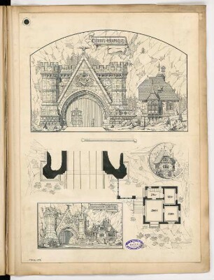Tunneleinfahrt Monatskonkurrenz Februar 1896: Grundriss Erdgeschoss, Aufriss Vorderansicht, Aufriss Seitenansicht des Wärterhauses; Maßstabsleiste