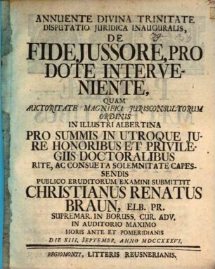 Disputatio Iuridica Inauguralis De Fideiussore, Pro Dote Interveniente