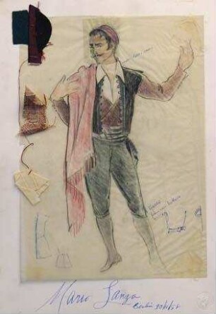 Kostümentwurf für "Tony Costa" in "Rigoletto", mit Autogramm von Mario Lanza