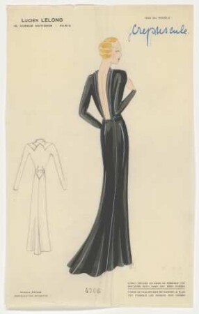 Crepuscule - Ein bodenlanges, rückenfreies Kleid in Rückenansicht mit Detailzeichnung (Archivtitel)