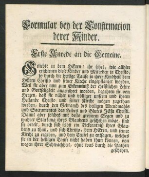 Formular bey der Confirmation derer Kinder.
