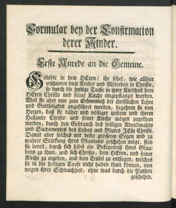 Formular bey der Confirmation derer Kinder.