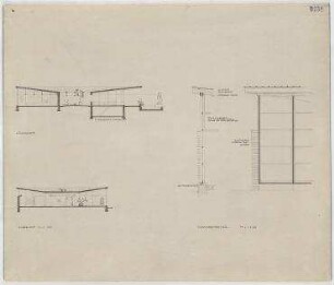 Offener Bauwettbewerb "Berlin-Pavillon", Hansaviertel Berlin, Intenationale Bauausstellung 1957 (nicht realisiert), Ankauf – Längsschnitt, Querschnitt, Fassade: Schnitte. Berlin-Tiergarten, 17. Juni/Klopstockstraße