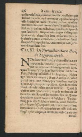 Cap. XI. De Virtutibus Aurae Auri, in Regno minerali.