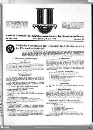 Fachliche Vorschriften zur Regelung des Lehrlingswesens im Uhrmacherhandwerk