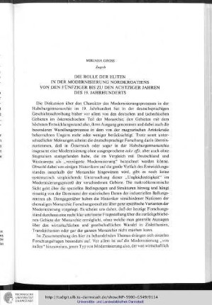 Mirjana Gross - Die Rolle der Eliten in der Modernisierung Nordkroatiens von den fünfziger bis zu den achtziger Jahren des 19.Jahrhunderts