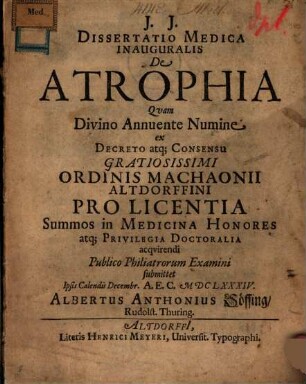 Dissertatio Medica Inauguralis De Atrophia : Quam ... Publico Philiatrorum Examini submittet ... Albertus Anthonius Söffing, Rudolst. Thuring.