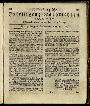 XXXIX. Stück. Sonnabends: den 25. December / 1773.