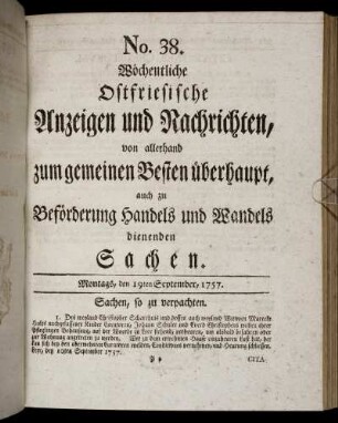 No. 38. Montags, den 19ten September, 1757.