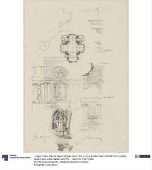 Reisestudien, Rom, SS. Luca e Martina, Skizzenblatt mit Grundriss, Grund- und Aufrissdetails und Profilen