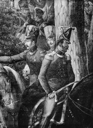 Das 1. leichte Inf.-Rgt. Le Coq (später Schützen 108 und Jäger 12 und 13) in der Schlacht bei Podobna am 12.8.1812 kurz vorm Angriff. Zu Pferd: Oberstleutnant und Rgts.-Kommandeur von Egidy mit Säbel, dahinter mit der Hand zeigend, Major und Batl.-Kommandeur von Metzsch. Beide Offiziere fielen zwei Monate später am 11.10.1812 : Ausschnitt