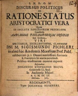 Discursus politicus de ratione status aristocratici vera