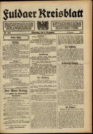 Erste Ausgabe vom Samstag, den 08. Dezember 1917.