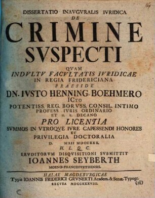 Dissertatio Inavgvralis Ivridica De Crimine Svspecti