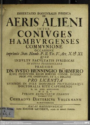 Dissertatio Inavgvralis Ivridica De Aeris Alieni Inter Conivges Hambvrgenses Commvnione ...