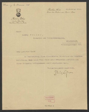 Brief an Ludwig Renner : 29.10.1910