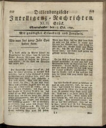 XLII. Stück. Sonnabends: den 15. Oct. 1791.