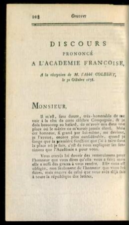Discours Prononcé A L'Academie Francoise, A la réception de M. l'Abbé Colbert, le 30 Octobre 1678.
