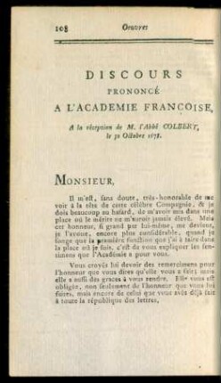 Discours Prononcé A L'Academie Francoise, A la réception de M. l'Abbé Colbert, le 30 Octobre 1678.
