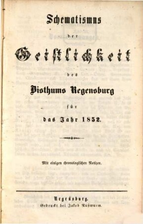 Schematismus des Bistums Regensburg. 1852, 1852