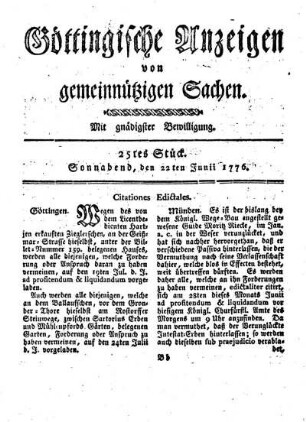 25tes Stück. Sonnabend, den 22ten Junii 1776.