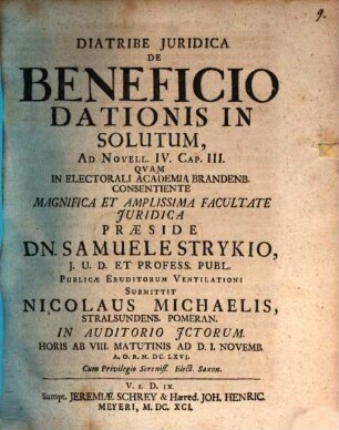 Diatribe Iuridica De Beneficio Dationis In Solutum : Ad Novell. IV. Cap. III.