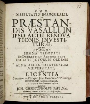 Dissertatio Inauguralis. De Praestandis Vasalli In Ipso Actu Renovationis Investiturae