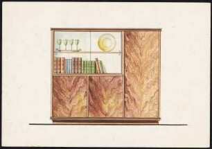 Wohnzimmerschrank. Wurzelfurnier, rechts außen eine durchgehende Tür, links unten zwei geschlossene Türen, darüber Glasteil mit zwei Schiebetüren, Deko