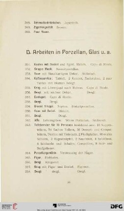 D. Arbeiten in Porzellan, Glas u. a. (Nr. 351-422)