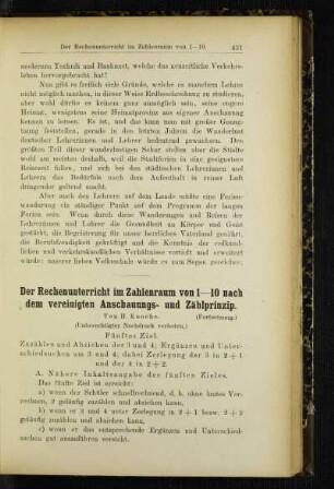 ¬Der¬ Rechenunterricht im Zahlenraum von 1-10 nach dem vereinigten Anschauungs- und Zählprinzip : (Fortsetzung)