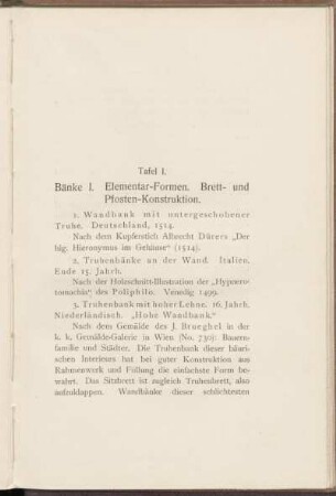 Tafel I. Bänke I. Elementar-Formen. Brett- und Pfosten-Konstruktion.