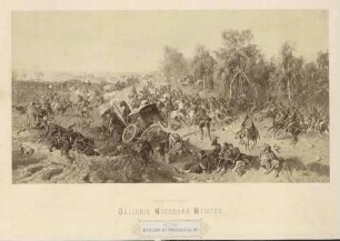 Deutsche Kavallerie verfolgt französische Truppen, in Bild Mitte und im Hintergrund rechts zerstörte Nachschubwagen der Franzosen, im Vordergrund verwundete Soldaten und tote Pferde