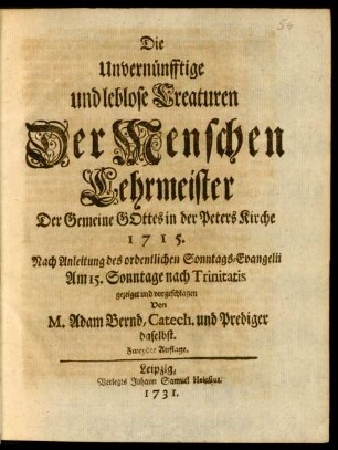 Die Unvernünfftige und leblose Creaturen Der Menschen Lehrmeister ...