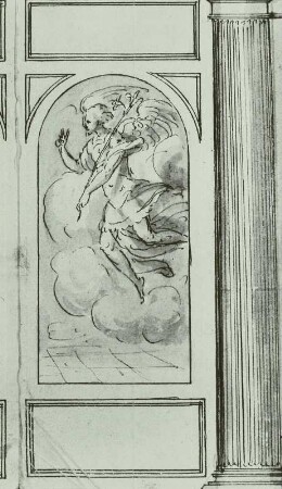 Nichtausgeführter Entwurf für die Orgel der Schloßkapelle in Dresden : Thola, Benedikt de: Nichtausgeführter Entwurf für die Orgel der Schloßkapelle in Dresden. 1563. Geschlossene Flügel, Gesamtansicht mit Verkündigung (beide Mittelbilder). Detail: rechtes Mittelbild mit Verkündigungsengel. Federzeichnung in braun. Dresden: Hauptstaatsarchiv Dresden Loc. 35 822, Acta, Die Verfertigung einer neuen Orgel ... betr., 1563, pag. 17