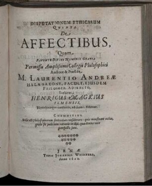 Disputationum Ethicarum Quinta De Affectibus [...]