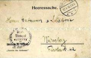 Briefpostkarte des Generalstabes des Feldheeres an die Firma Gutmann und Schiffnie