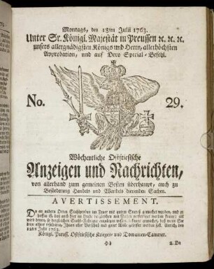 No. 29. Montags, den 18ten Julii 1763.