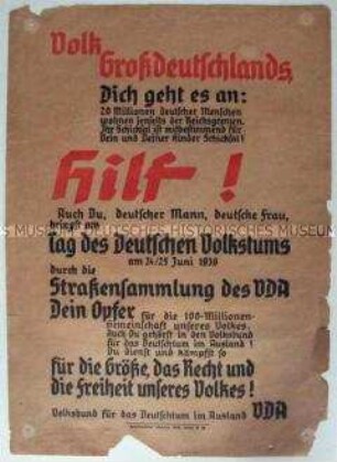 Propagandaflugblatt mit dem Aufruf zu einer Straßensammlung des zum "Tag des Deutschen Volkstums"