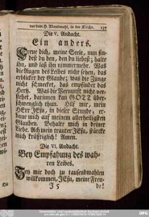 Die VI. Andacht. Bey Empfanhung des wahren Leibes.
