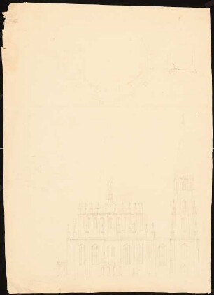 Kirche, Berlin (?): Ansicht, Grundriss, Skizzen, Maßstabsleiste