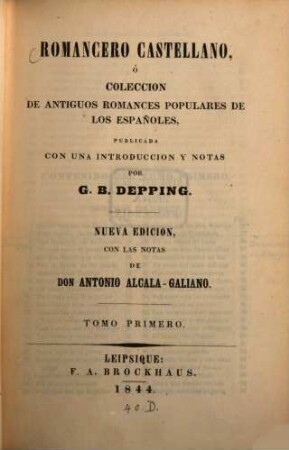 Romancero Castellano o coleccion de antiquos romances populares de los Españoles, 1