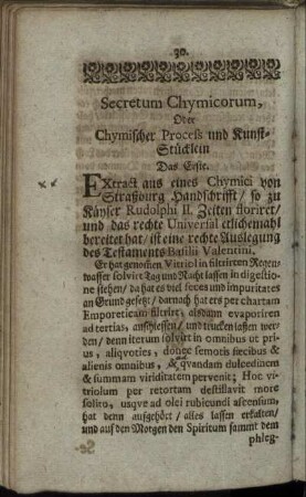 Secretum Chymicorum, Oder Chymischer Process und Kunst-Stücklein.