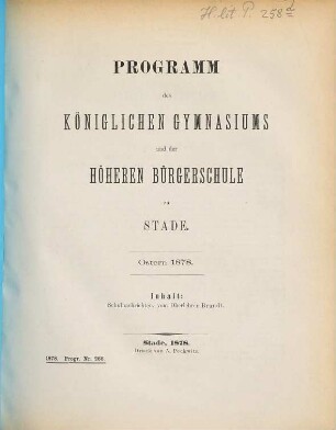 Programm des Königlichen Gymnasiums mit Höherer Bürgerschule zu Stade, 1877/78