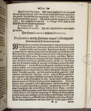 Declaration, welche Coleman wegen Cassirung und Zertrennung deß Parlaments gemacht.