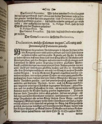 Declaration, welche Coleman wegen Cassirung und Zertrennung deß Parlaments gemacht.