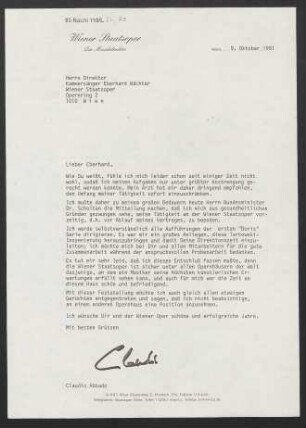 Brief an Eberhard Wächter an Wiener Staatsoper, 09.10.1991