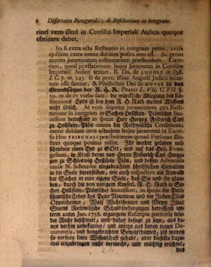 Dissertatio Inauguralis De Restitutione In Integrum Contra Sententias Summorum Imperii Tribunalium, In Specie Conclusa Excelsi Consilii Imperialis Aulici Processuum Appellationis Denegatoria